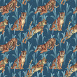 Tigers and leaves. Watercolor seamless pattern on a blue background. The tiger jumps, hunts, sits. Bright fashionable illustration for fabric, wallpaper, wrapping paper.