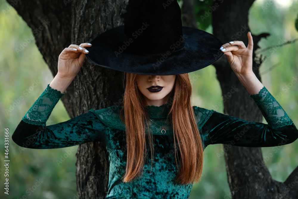 Beautiful young witch in forest