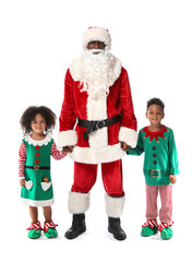 Sticker - Little African-American children dressed as elves with Santa Claus on white background