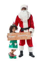 Sticker - Santa Claus and little girl holding board with text MERRY CHRISTMAS on white background