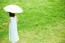 草原の中傘をさし歩く若い女性