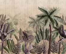 Wallpaper Jungle And Tropical Forest Banana Palm And Tropical Birds  Old Drawing