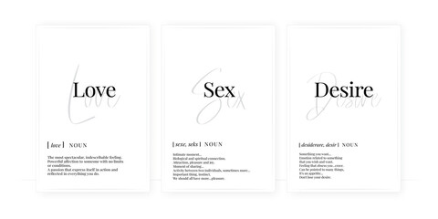 Wall Mural - Love, sex, desire definition, vector. Minimalist modern poster design. Motivational, inspirational quotes. Desire noun description. Wording Design isolated on white background, lettering. Wall art