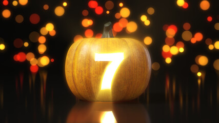 Number 7 carved on Halloween pumpkin. 3d illustration with bokeh effect on background