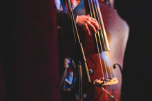 Concert View Of A Contrabass Violoncello Player With Vocalist And Musical Band During Jazz Orchestra Band Performing Music, Violoncellist Cello Jazz Player On The Stage