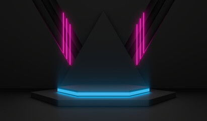 Wall Mural - Sci Fi Pedestal, Podium, Place For Product. Colored Neon Glow. 3D Rendering Image.