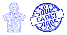 Vector Network Boy Framework, And Cadet Blue Round Dirty Stamp Seal. Linear Carcass Network Illustration Designed With Boy Pictogram, Is Created With Intersected Lines.