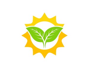 Sticker - Yellow shinning sun with green nature leaf inside