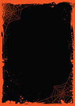 Halloween Banner Blank Black Template Background With Grunge Orange Border, Spider Net