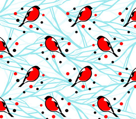  Bullfinches and branches. Blue stylized tree branches with birds on a white background. New Year vector pattern.