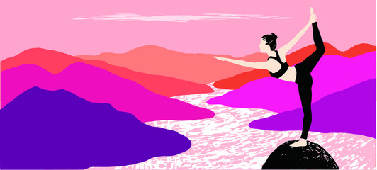 Girl doing yoga in front of the magnificent scenery of nature, mountains and rivers, with extraordinary hues ranging from purple, pink to orange, isolated vector illustration