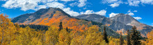 Panoramic View Of Brilliant Fall Foliage On Timpanogos Mountain Range In Utah