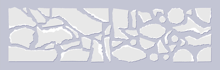 Set of torn gray paper with a white edge isolated on a grey background. Vector illustration of small scraps of torn paper of different sizes and shapes. Crumbled colored pieces of pages.