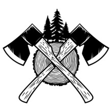 Crossed Lumberjack Axes With Wood Cut. Design Element For Logo, Emblem, Sign, Poster, T Shirt. Vector Illustration