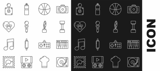 Wall Mural - Set line Vinyl player with a vinyl disk, Music synthesizer, Dumbbell, Basketball ball, Joystick for arcade machine, Heart animals footprint, and Feather and inkwell icon. Vector