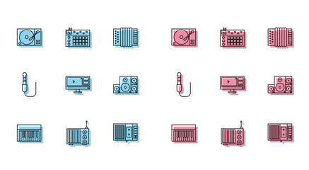 Canvas Print - Set line Music synthesizer, Radio with antenna, Vinyl player vinyl disk, tape, Video recorder or editor software on monitor, Stereo speaker, Audio jack and Drum machine icon. Vector