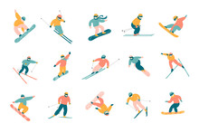 Active People Snowboarding And Skiing Set. Cartoon Vector Illustrations Of Skiers And Snowboarders Jumping From Mountain In Action Pose Isolated On White. Winter Extreme Sport, Competition Concept