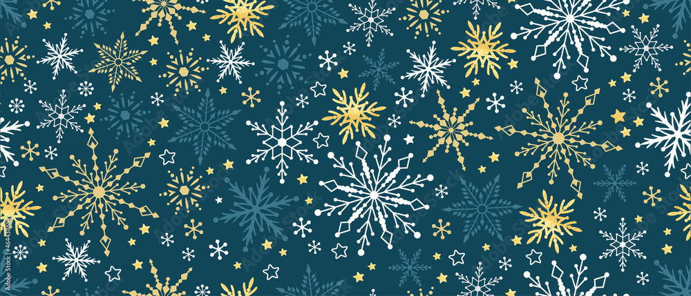Winter pattern seamless background with snowflakes. Silver gold and ...