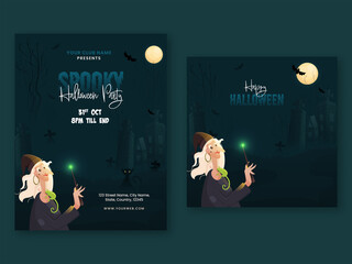 Wall Mural - Halloween Party Poster Design With Cartoon Witch Doing Magic On Full Moon Cemetery Teal Background In Two Option.