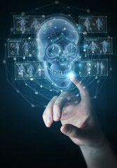 Leinwandbilder - Man hand using digital x-ray skull holographic scan projection 3D rendering