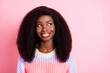 © deagreez - Photo of pretty positive dark skin person look interested empty space wear sweater isolated on pink color background