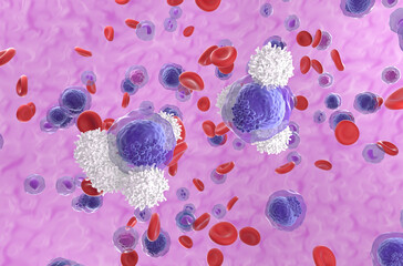 Wall Mural - T-cells attack acute myeloid leukemia (AML) cells in blood flow - isometric view 3d illustration