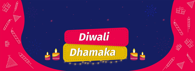 Wall Mural - Diwali Dhamaka Banner Or Header Design With Tealight Candles, Line Art Gift Box, Firecrackers On Pink And Blue Background.