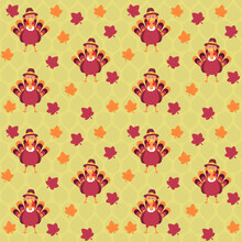 Cartoon Turkey Bird With Maple Leaves On Yellow Droplet Pattern Background.