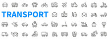 Transport And Vehicle Icons Set. Contains Such Icons As Auto, Bike, Scooter, Bulldozer, Bus, Cable, Car, Helicopter And More. Outline Web Icon Collection. Line Style - Stock Vector.