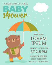 Cute Teddy Bear With Umbrella For Boy Baby Shower Party Invitation Card Template.