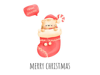 Wall Mural - Digital painting watercolor meowy Christmas card. Christmas cat vector.