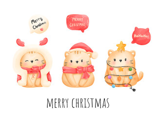 Wall Mural - Digital painting watercolor meowy Christmas card. Christmas cat vector.