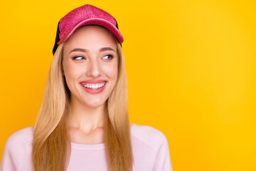 Canvas Print - Photo of young cheerful girl happy positive smile curious look empty space isolated over yellow color background