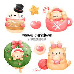 Wall Mural - Digital painting watercolor meowy Christmas element. Christmas cat vector.