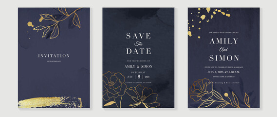 Luxury dark blue wedding invitation card background  with golden line art flower and botanical leaves, Organic shapes, Watercolor. Abstract art background vector 