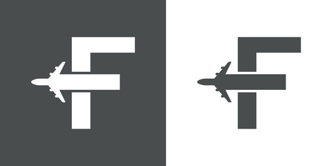 Poster - Logotipo con silueta de avión con trayectoria con forma de letra inicial F en fondo gris y fondo blanco