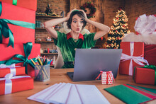 Photo Of Young Amazed Shocked Happy Santa Helper Woman Laptop News Astonished Indoors Inside House Home