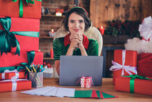 Photo Of Young Woman Elf Santa Helper Christmas Sit Desk Laptop Workplace Good Mood Indoors Inside House Home