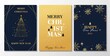 © mitoria - Merry Christmas elegant greeting card set. Navy and gold New Year backgrounds for social media with linear snowflakes, gifts, Christmas tree. Trendy luxury Xmas design vector illustration.
