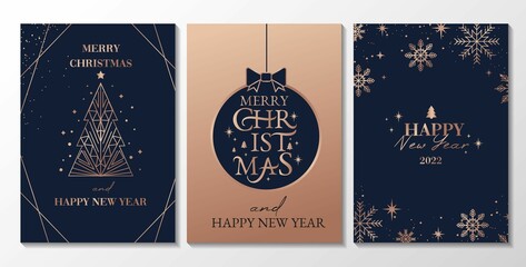 Merry Christmas elegant greeting card set. Navy and rose gold New Year backgrounds for social media with linear snowflakes, gifts, Christmas tree. Trendy luxury Xmas design vector illustration.
