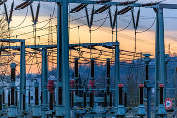 Canvas Print - Distribution electric substation with power lines and transformers in Germany