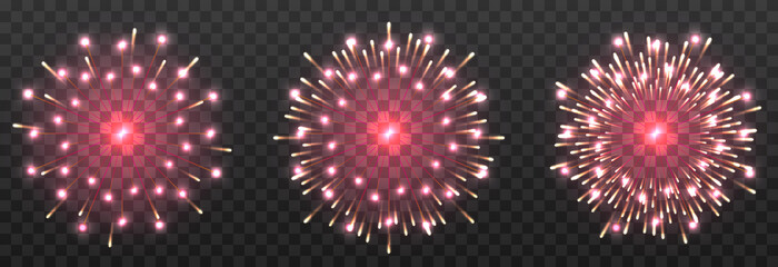 Set of vector holiday fireworks on isolated transparent background. Fireworks png, fireworks of different colors, salute, explosion png, holiday.