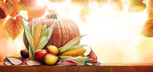 Sticker - a wooden table, tabletop product display for thanksgiving holiday harvest with a golden autumn sunse