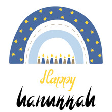 Happy Hanukkah.Lettering  On A White Background With A Painted Rainbow And Candles.Vector Illustration.Eps10