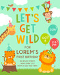 Cute wildlife cartoon animals illustration for kids party invitation card template.
