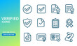 Verified icons set in outlined style. Suitable for design element of document certification and identity verification app UI UX. Approved files notification icons set.