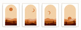 Fototapeta Boho - Set of abstract landscape posters. Modern background flat design, contemporary boho sun moon mountains and cactus minimalist wall decor. Vector art print