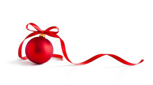 Red Bauble, Christmas Ball With A Ribbon Decoration, Isolated On White Background. Clipping Path Included.