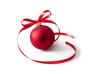 red bauble, christmas ball with a ribbon decoration, isolated on white background. clipping path inc