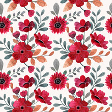 Seamless Pattern Of Red Flower With Watercolor